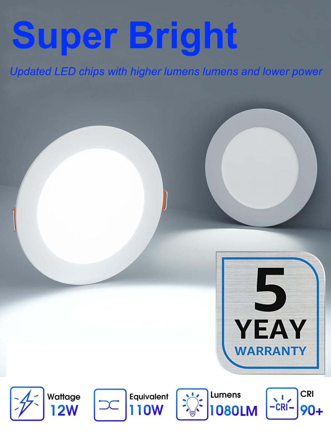 12 Pack 6 Inch Ultra-Thin LED Recessed Ceiling Light with Junction Box,6000K Daylight Deluxe Can lights,12W 110W Eqv,Canless Wafer Slim Panel Downlight,1080LM Led lights (6000K-12PACK,6 Inch)