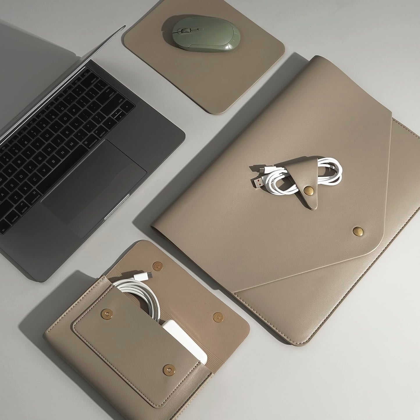 Benfan Laptop Sleeve Compatible with 2024 13inch MacBook Air M3,13 MacBook Pro M2, Surface Pro 3 4 5 6 7, Dell XPS 13 with Small Pouch, Mouse Pad and Cord Holder Color Khaki