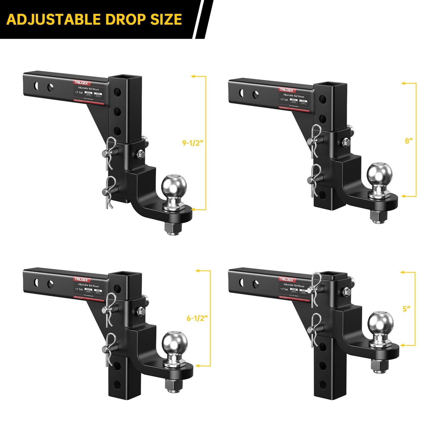 Adjustable Trailer Hitch Ball Mount, Fits 2" Receiver, 2" Tow Ball, 9-1/2" Drop&8-1/4" Rise, 7500lbs Heavy Duty Hitch with Screw-in Locking Pin