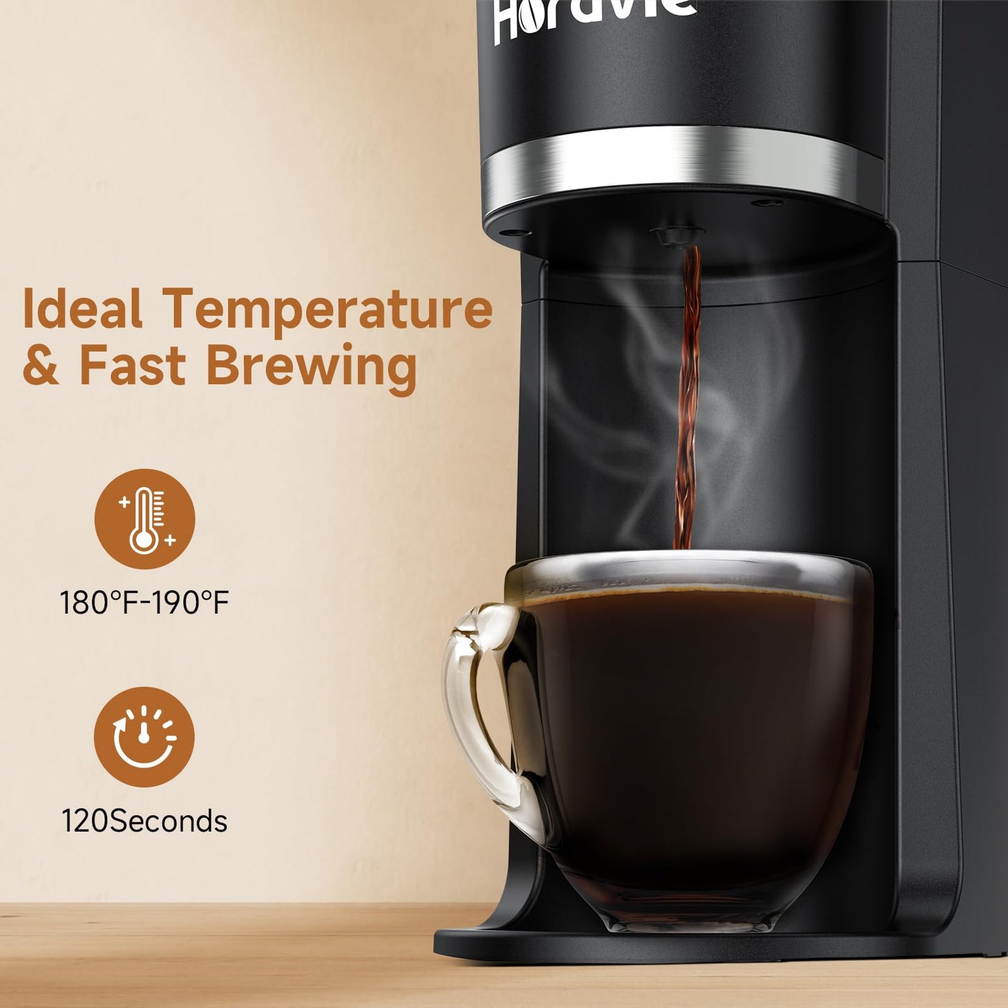 Horavie Small Single Serve Coffee Maker, Fast Brew One Cup Coffee Machine for K Cup and Grounds, 6 to 12 oz. Brew Sizes, Capsule Coffee Machine with Descaling Reminder and Viewing Tank, Black