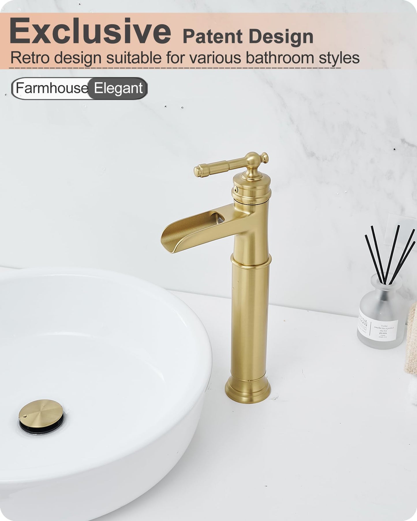 HOIGY Gold Vessel Sink Faucet, Brass Waterfall Tall Faucet for Bathroom Sink 1 Hole with Single Handle, Pop-up Drain & cUPC Water Hoses for Antique Bowl Basin Save Water