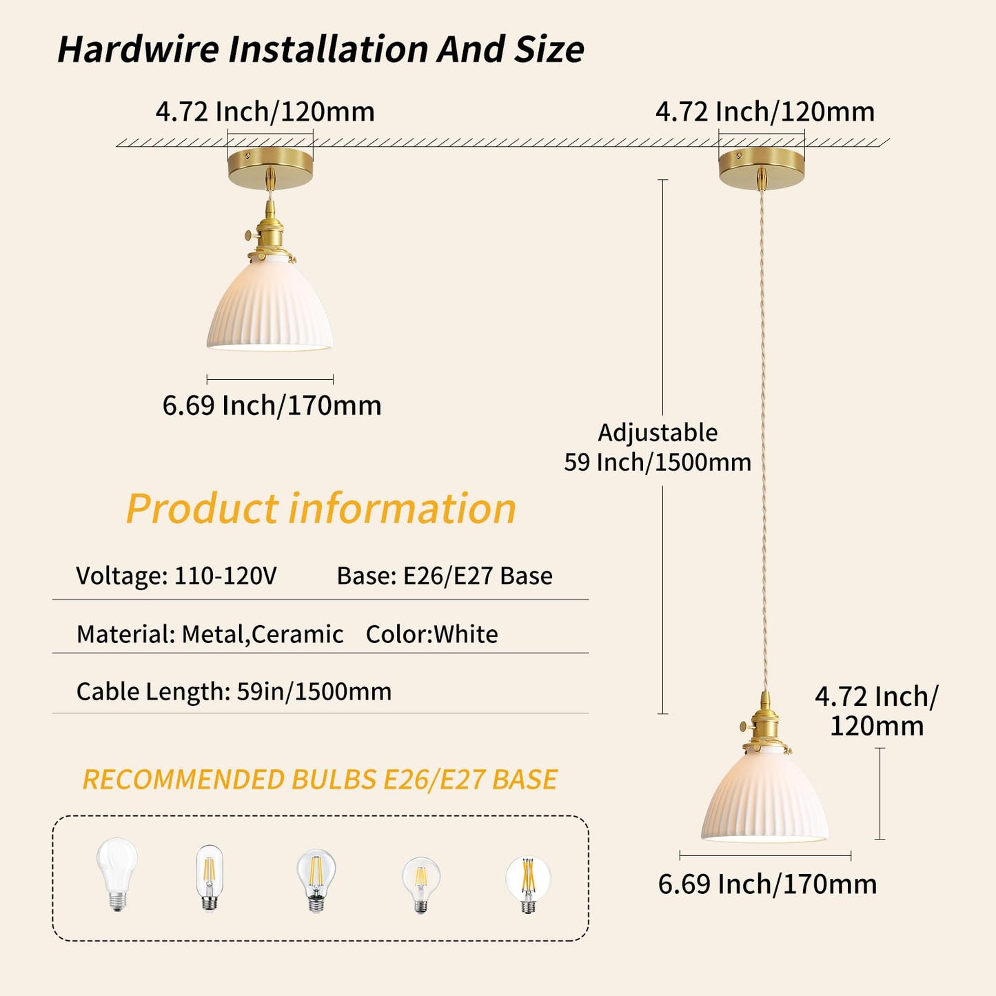 GloMuse White Ceramic Pendant Lights Kitchen Island Brushed Brass Dome-Shaped Lampshade Modern Minimalist Industrial Hanging Light Fixture for Living Room Bedroom Dining Room Over Table