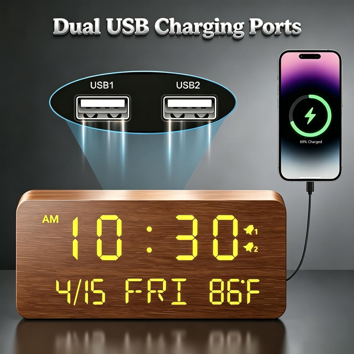 Andoolex Wooden Digital Alarm Clock with Wireless Charging, 0-100% Adjustable Brightness Dimmer and Alarm Volume, Weekday/Weekend Mode, Dual Alarm, Snooze, 12/24H, Wood LED Clock for Bedroom (Brown)