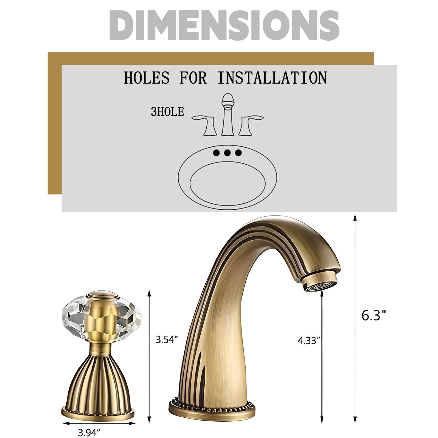 Antique Brass Bathroom Faucet Gold Three Holes Widespread Crystal Handle Bathroom Sink Faucets Retro Vintage Lavatory Vanity Faucet