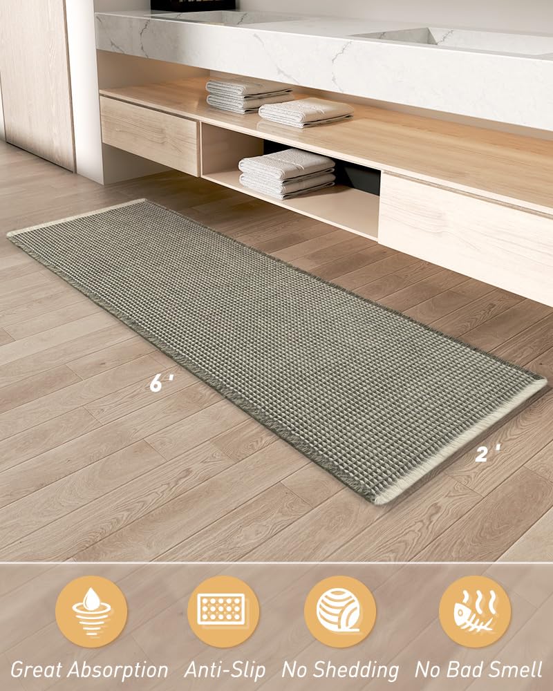 AMOAMI Upgraded Waffle Runner Rug Super Absorbent Non Slip Bath Mats for Bathroom Machine Washable Bathroom Runner Rug with Tassels, Ideal for Hallway Bedroom Laundry Room, 2' x 6', Green & Cream