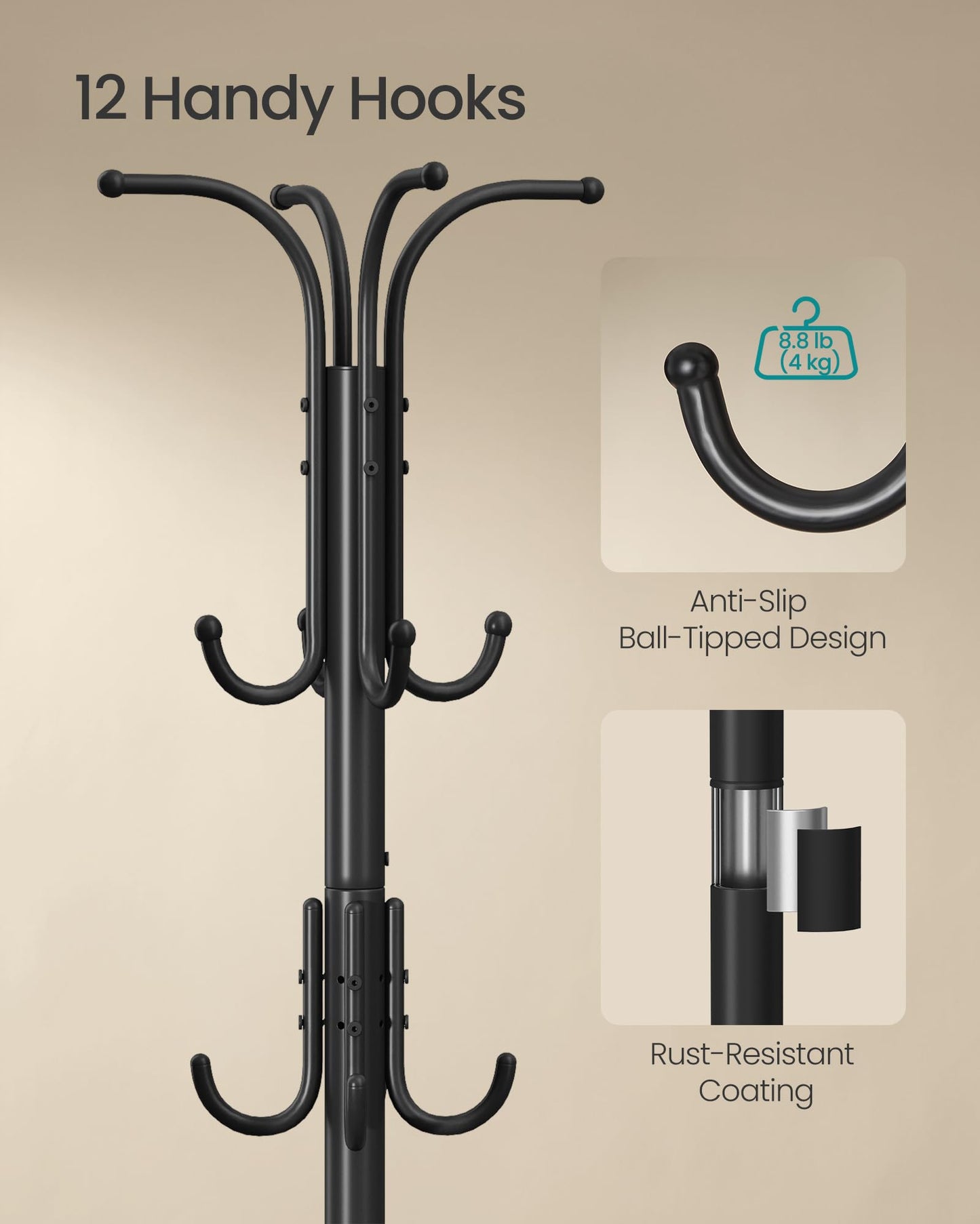 SONGMICS Coat Rack Freestanding, Coat Rack with Umbrella Holder, Metal Coat Rack Stand with 12 Hooks, for Entryway, Hallway, Living Room, Bedroom, Ink Black URCR011B01V1
