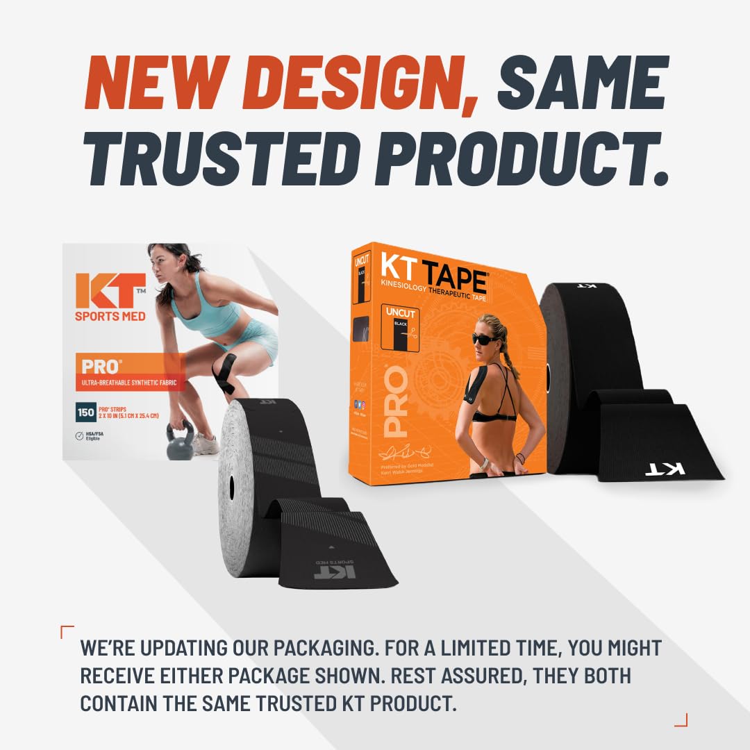 KT Tape, PRO Synthetic Elastic Kinesiology Athletic Tape, 150 Count, 10" Precut Strips, Black