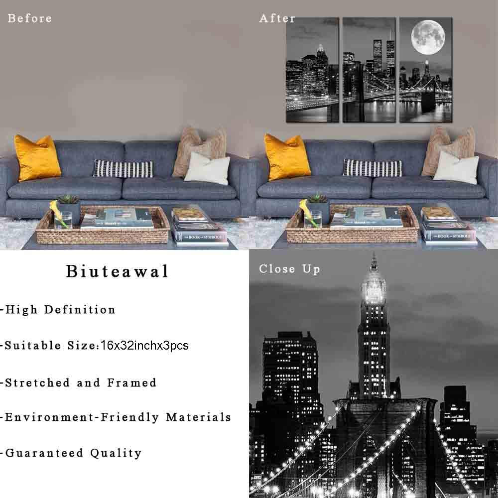 Biuteawal New York Skyline Wall Art Brooklyn Bridge Moon Night View Picture Canvas Print Black and White City Artwork Painting Modern Home Office Living Room Decoration
