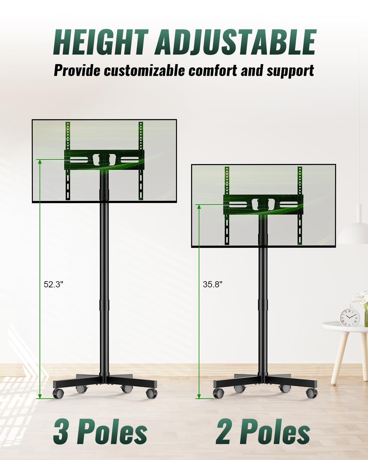 Zontera Mobile Rolling TV Stand on Wheels, Mobile TV Stand for 23-60 Inch LCD LED Flat Panel Curved Screen TVs, Tilt and Height Adjustable Portable TV Cart up to 88lbs, Max VESA 400x400mm, Black
