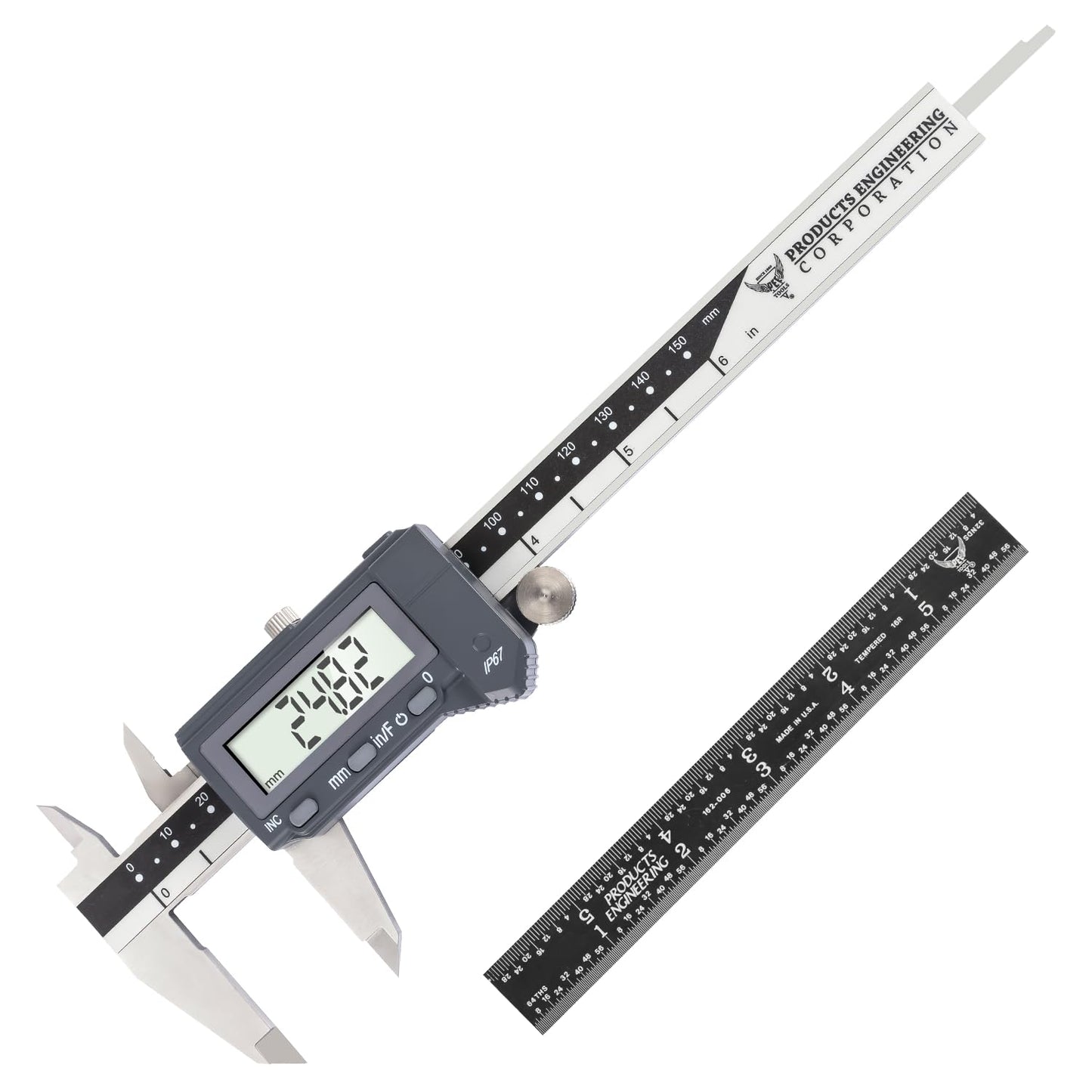 PEC Tools 6 Inch/150mm High Precision Absolute Digital Caliper & Made in US 6 Inch 16R Rule (32nds,64ths,50ths,100ths), IP67 Waterproof & Oil-Resistant, Inch/MM/Fraction Modes