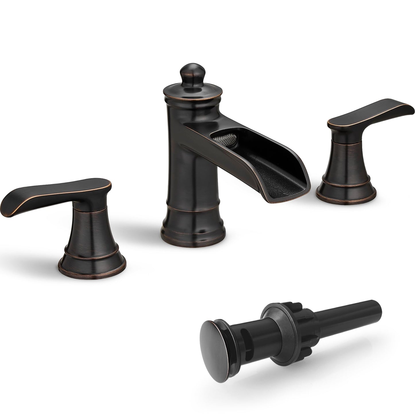 HEYMYTAP 4-16 Inch Oil Rubbed Bronze Waterfall Bathroom Faucet 3 Hole, Brass Bathroom Sink Faucet 2 Handles Widespread with Pop-up Drain & cUPC Supply Hoses for Vanity, Lavatory, Restroom, Farmhouse