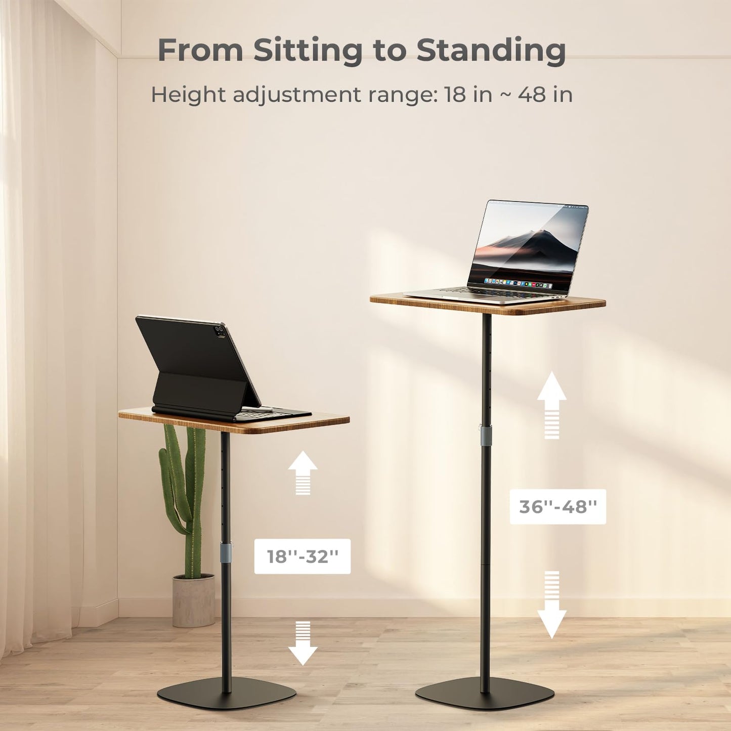 POLESTO Portable Laptop Floor Stand, Bedside/Sofa Table with Height Adjustable 18''~48'', Sleek Wooden Lectern Standing Desk Mobile Podium for Home, Office, School, Black