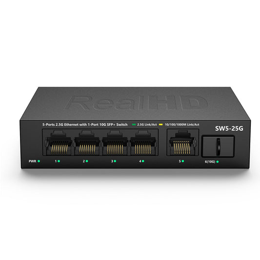 5 Port 2.5GB Ethernet Switch Unmanaged Network Switch | 5 x 2.5 Gigabit | 1 x 10G SFP+ | Multigig Switch 10-100-1000Mbps | 45G Bandwidth | Plug & Play | Fanless Metal Internet Switch | NOT Support VPN