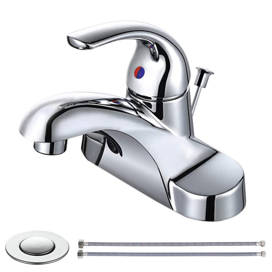 WOWOW Bathroom Faucet 1 Handle Low Arc Single Handle 4 inch Centerset Bathroom Sink Faucet with Lift Rod Drain Assembly Basin Mixer Tap Chrome Vanity Faucet