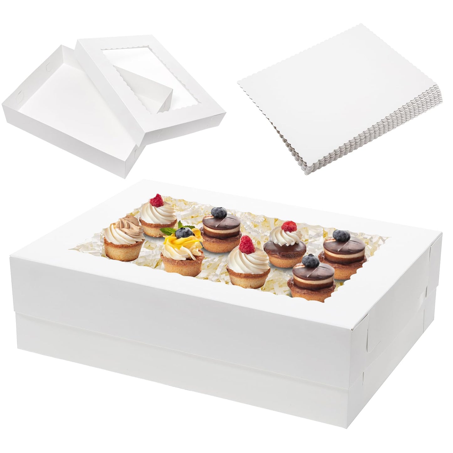 Mefleet 6pcs 19x14x5 Half Sheet Cake Boxes with 6pcs Cake Boards Rectangle 1/2 Sheet Bakery Boxes with Window for Pastry Baking Cake, Cupcakes, Donuts, Cookies, Pie Treat Packaging White Large