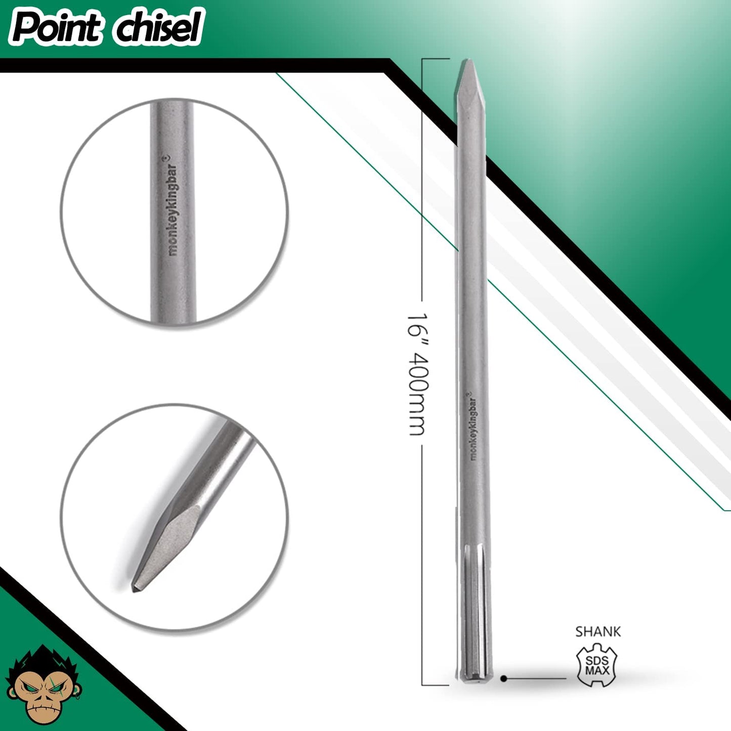 Monkey King Bar SDS Max Bits 16" Chisel Set - 3pcs Masonry Drill Bits for All Brand Hammer Drills - Point, Scaling, and Flat Chisels