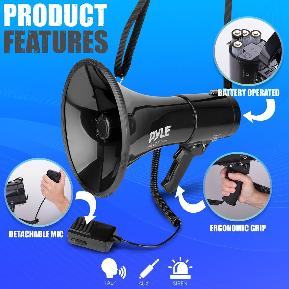 Pyle Megaphone Speaker PA Bullhorn with Built-in Siren 50 Watts & Adjustable Volume Control Ideal for Football, Baseball, Hockey, Cheerleading Fans & Coaches or for Safety Drills - PMP53IN
