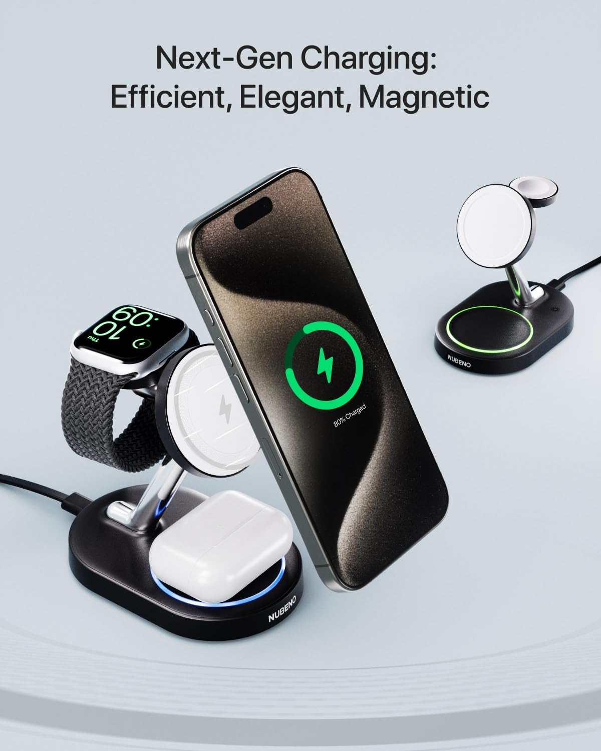 Nubeno Charging Station for iPhone 16/16 Pro/16 Pro Max, Wireless Charger for MagSafe iPhones, 3 in 1 Magnetic Charger Stand for iPhone 16/15/14/13/12 Series, Apple Watch & AirPods.(Blk)