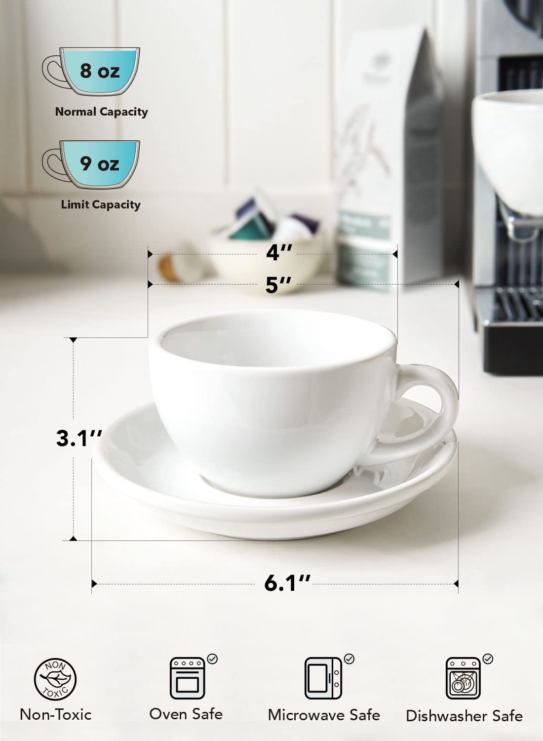 LE TAUCI 8 oz Cappuccino Cups with Saucers,Ceramic Large Coffee Cup for Au Lait, Double shot, Latte, Cafe Mocha, Tea - Set of 4, White