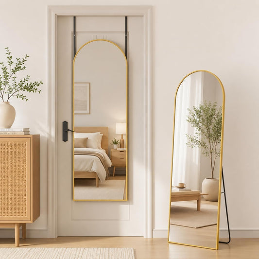 Coomily Full Length Mirror with Stand, 56"x14" Arched Full Body Mirror, Large Stand Up Aluminum Frame Floor Freestanding Hanging Leaning Mounted for Bedroom Living Room Entryway Gold