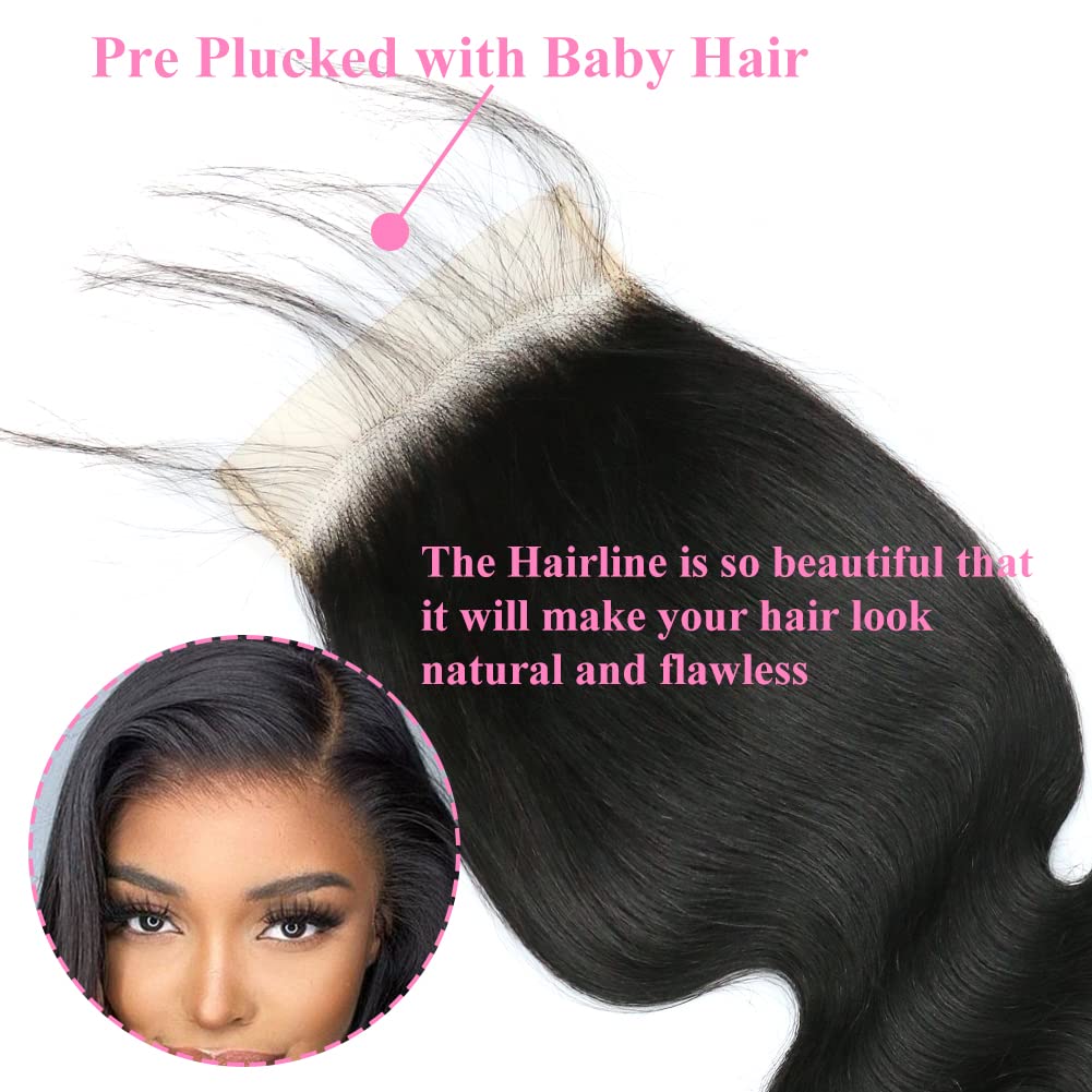 5x5 Transparent HD Lace Closure Only Body Wave Hair Closure Invisible Lace Closure 12A Brazilian Virgin Remy Human Hair Frontal Closure 100% Human Hair Extensions Pre Plucked Natural Black 20 Inch