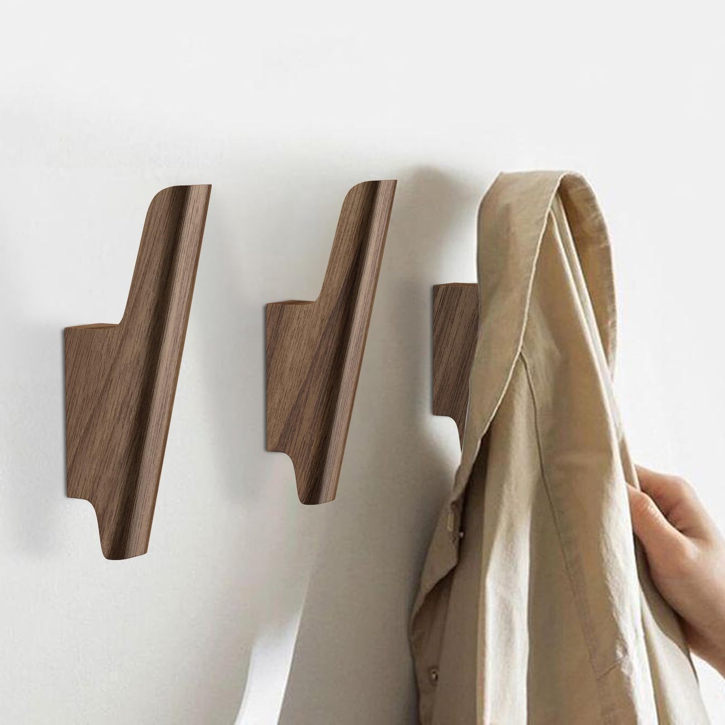 FCOWK Wood Wall Hooks 4 Pack Coat Hooks Wall Mount Walnut Wooden Hooks for Hanging Hat, Bag, Backpack, Rustic Coat Hooks for Wall, Wood Towel Hooks for Bathrooms and Entryway Hooks (Walnut, Light)