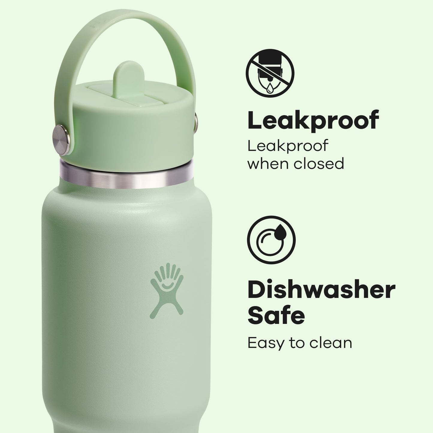 Hydro Flask Travel Water Bottle - Insulated Stainless Steel - Wide Straw Lid, Non Spill, Leakproof in 32 Oz Aloe Green