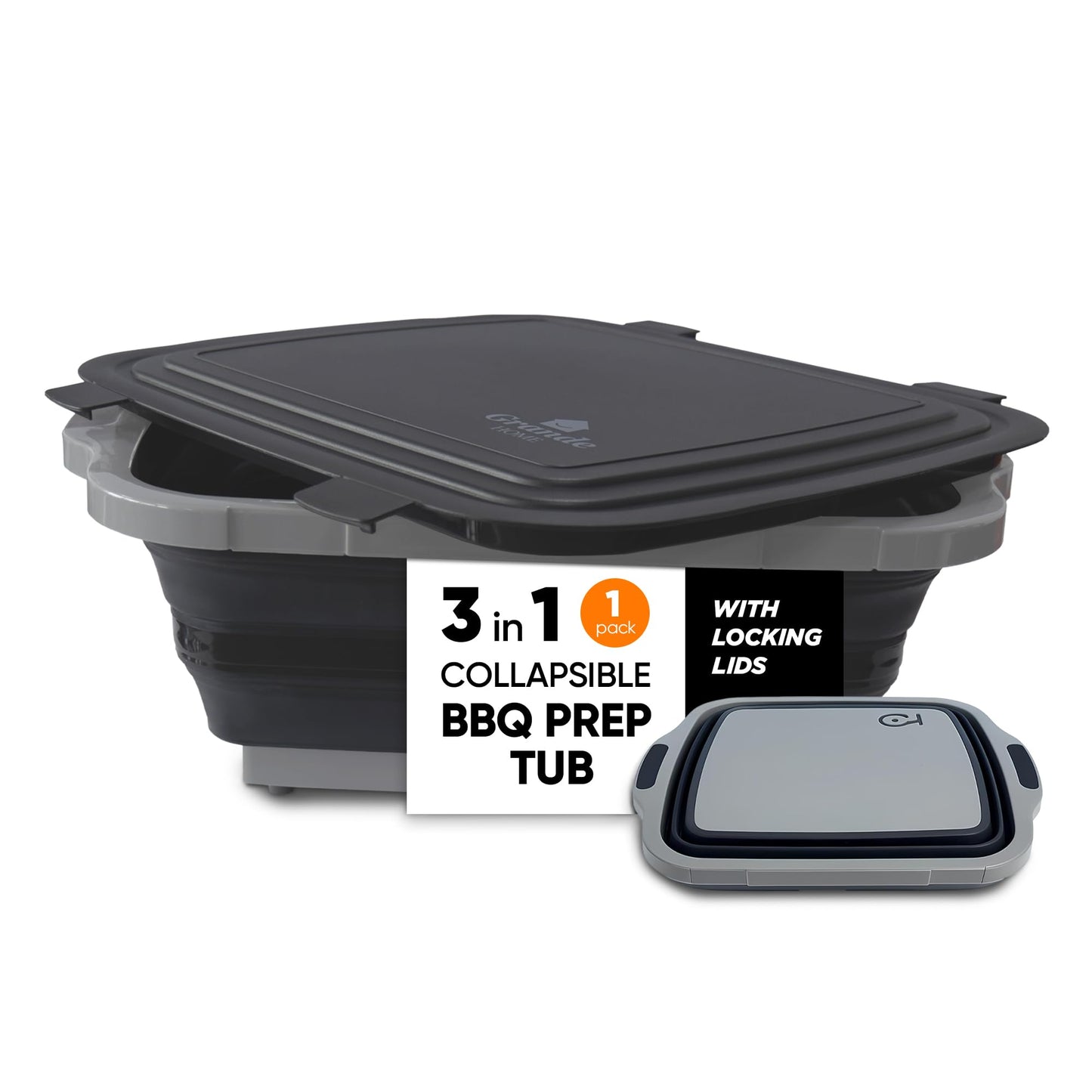 BBQ Prep Tub Collapsible X-Large with Cutting Board, Locking Lid – Meal Prep Food Prep Containers with Lids for Resting Meat –3 Adjustable Height - Ideal for Camping, Picnic, Dish Basin