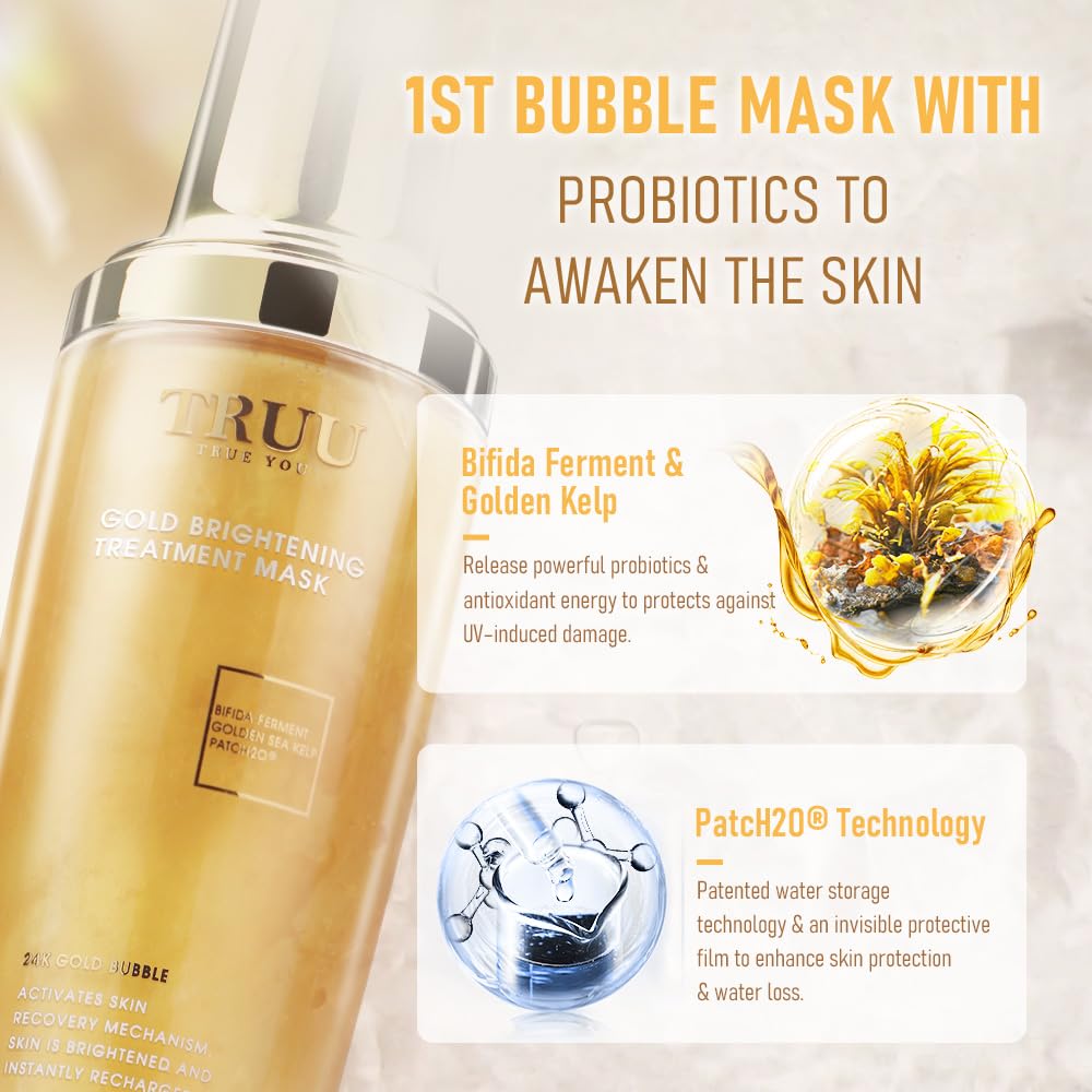 TRUU Gold Brightening Treatment Mask – Rejuvenating Probiotic Mask with 24K Gold Bubbles – Deep Purification & Skin Renewal for Brightened, Smooth, and Poreless Complexion | 4 Fl. Oz