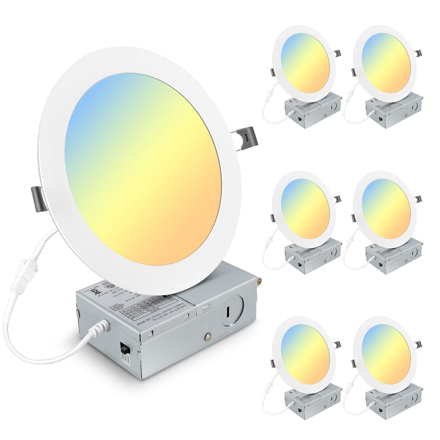 Elaruslux 6 Pack 7 Inch 3CCT Ultra-Thin LED Recessed Light with Junction Box, 3000K/4500K/6000K Selectable, 18W Eqv 125W, Dimmable Ceiling Lights 1600LM Brightness Canless Wafer Downlight
