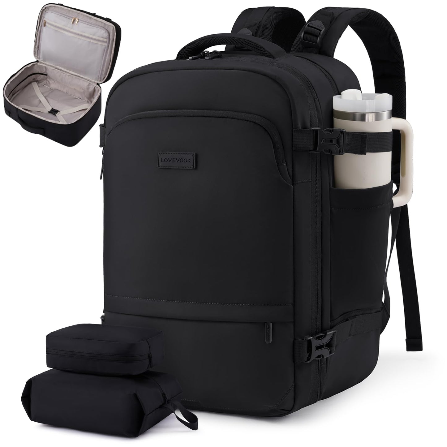 LOVEVOOK Travel Backpack for Women & Men, Carry On Backpack with Cup Holder, Personal Item Travel Bag Flight Approved with Padded Laptop Compartment, Weekender Daypack With 2 Cubes, 17.3 Inch Black