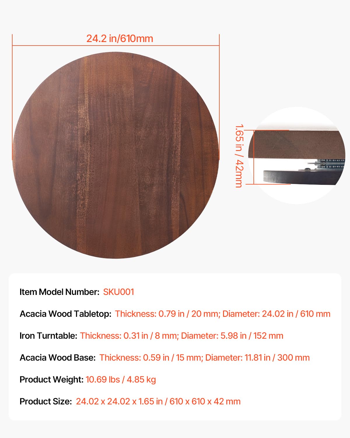 VEVOR 24 in Wood Lazy Susan Turntable, 360° Rotation Round Clear Tabletop Rotating Tray, Acacia Wood Dining Table Centerpiece, Smooth and Silent Spin, for Family Gatherings, Banquets and Weddings