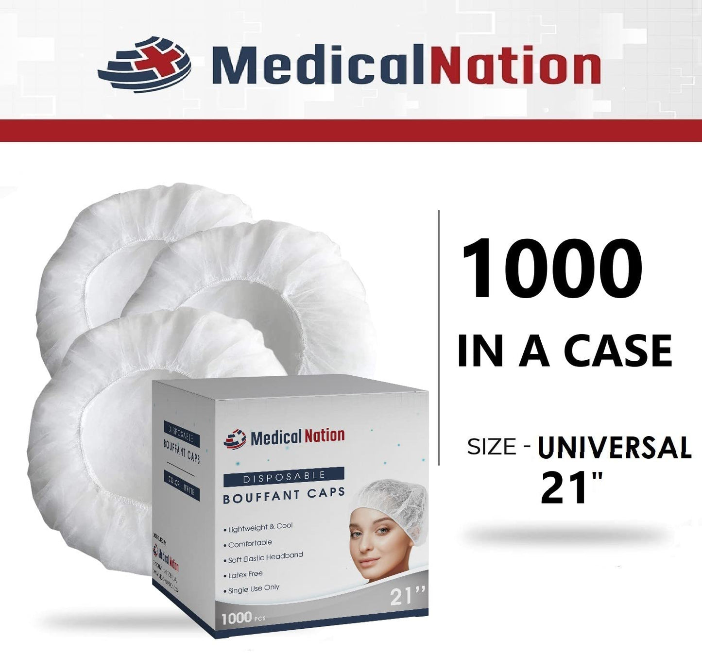 Medical Nation 21" Disposable Bouffant Caps |CASE of 1000, White| Hairnets, Non-Woven, Non-Pleated Head Hair Covers |for Medical, Labs, Nurse, Tattoo, Food Service, Hospital, Cooking - Size 21" White