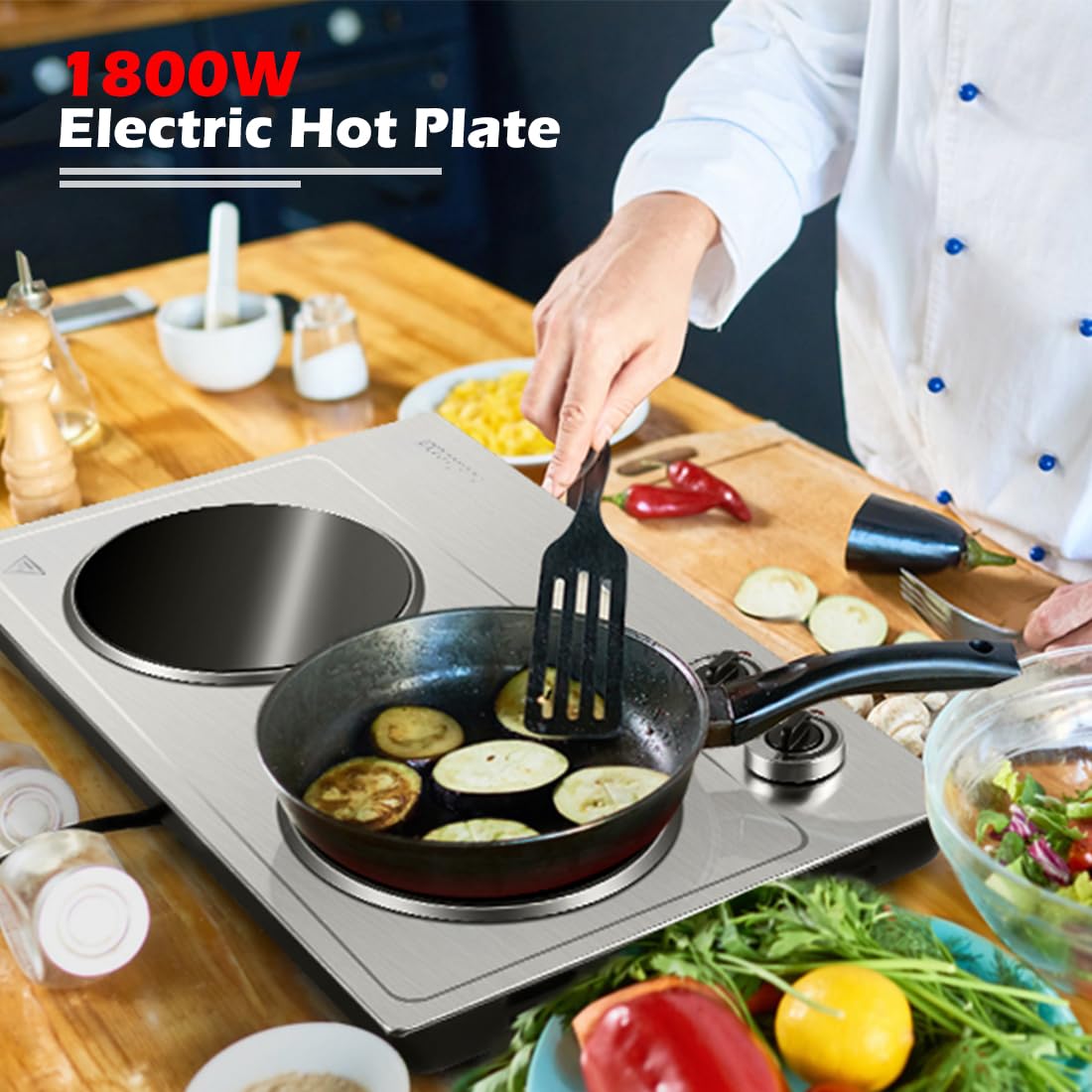 Double Burner, CUSIMAX 1800W Ceramic Electric Hot Plate for Cooking, Dual Control Infrared Cooktop, Portable Countertop Burner, Glass Plate Electric Cooktop, Silver, Stainless Steel-Upgraded Version