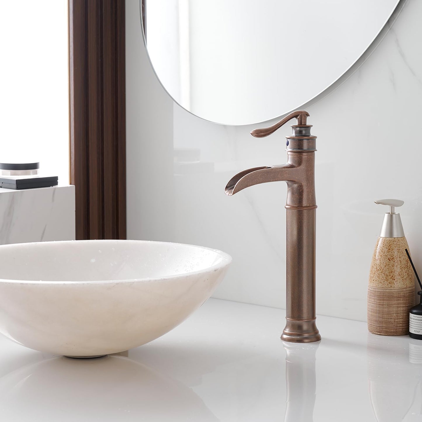 BWE Vessel Sink Faucet Waterfall Antique Copper Single Hole with Pop Up Drain Stopper Without Overflow and Supply Lines One Handle Vanity Basin Bath Sink Mixer Tap