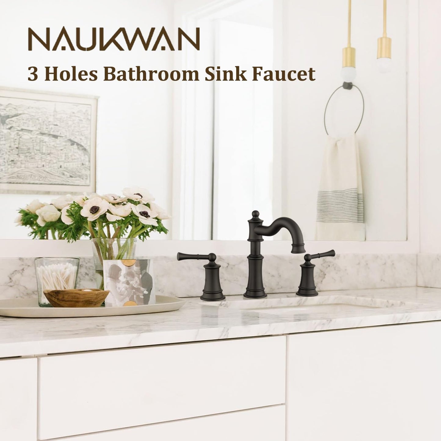 NAUKWAN Roman Bathroom Sink-Faucet 3-Holes, Matte Black Rotated Spout Vanity Basin Faucets 3 Holes 2 Handles 8 inches Widespread Deck Mount Brass Faucet for Sink with Overflow Pop Up Drain NL2204-BK