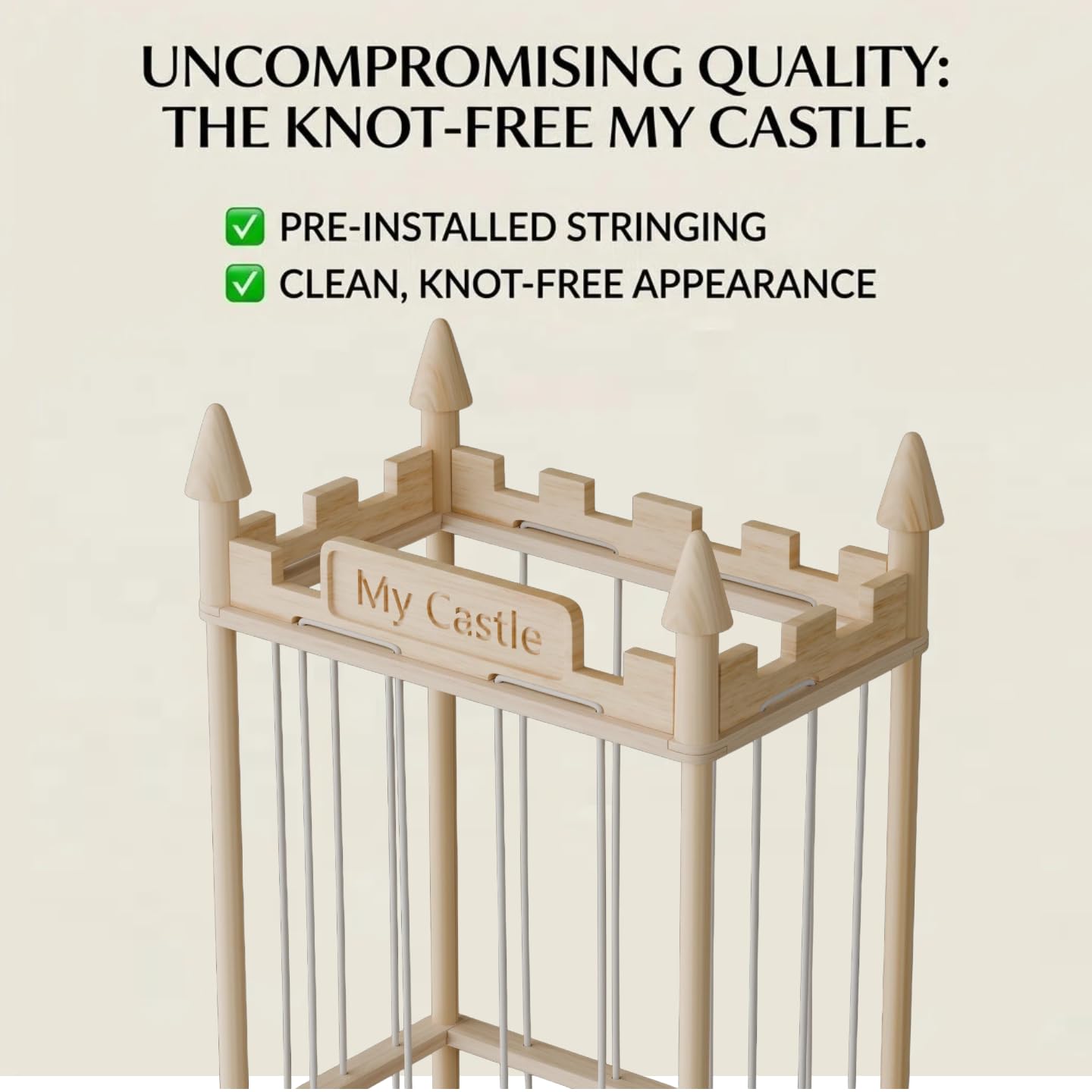 Topbooc Knot-Free Wooden Stuffed Animal Storage Tower with Pre-Installed Cords, Montessori Stuffed Animal Zoo Furniture with Castle Top & Toy Chest, 57" Hand-Sanded Natural Wood (Montessori Castle)