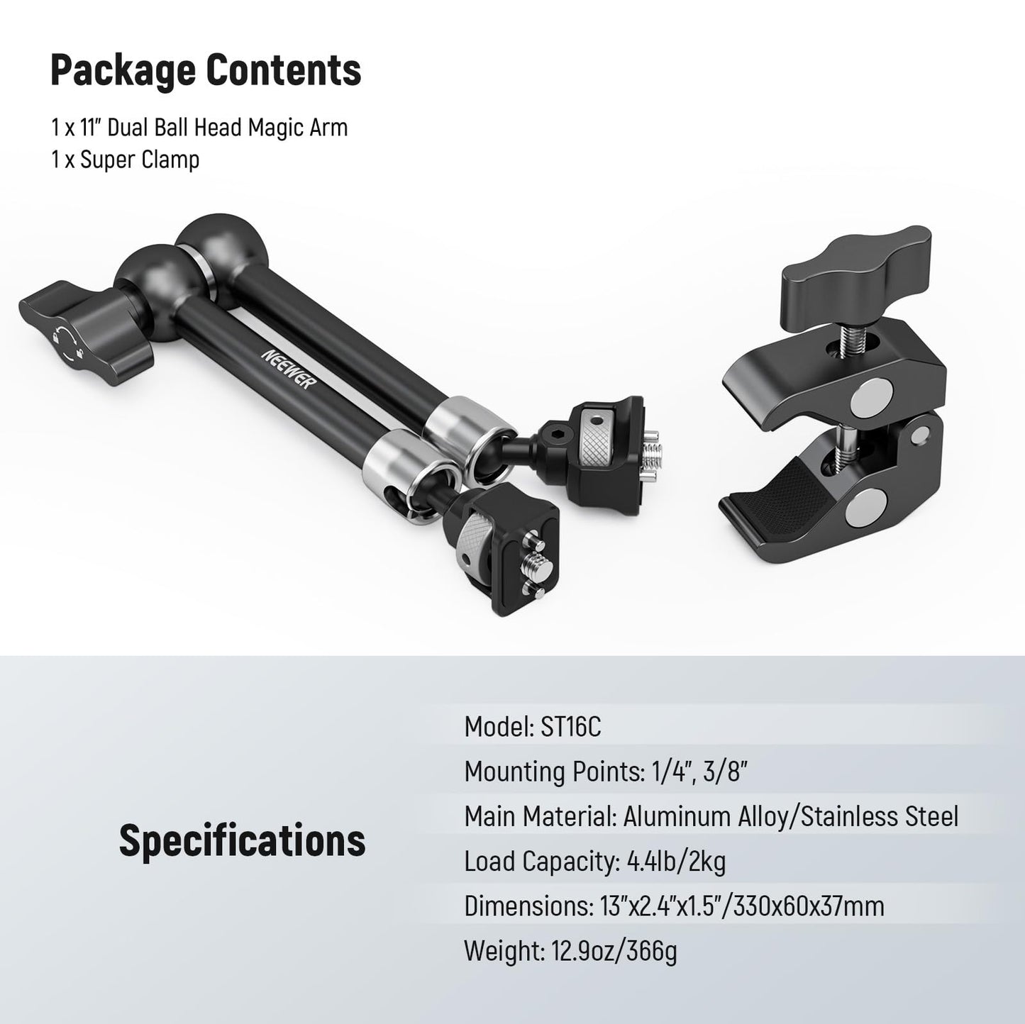 Neewer 11" Articulating Magic Arm Clamp Mount with Super Clamp, Camera Monitor Mount with 1/4" 3/8" ARRI Locating Pins & Holes for DSLR Action Camera Video Light Compatible with SmallRig Cage, ST16C