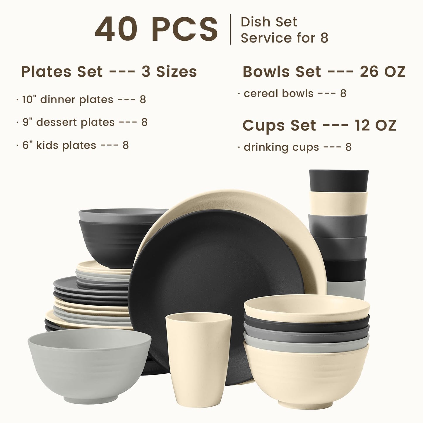 Homienly Kitchen Wheat Straw Dinnerware Set 40 PCS - Dinner Plates, Cereal Bowls, Wheat Straw Cups Set, Microwave and Dishwasher Safe Dishes Set, Unbreakable Dish Set for Party, Outdoor(Grey Stone)