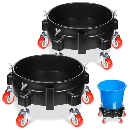 Datanly 2 Pcs 5 Gallon Bucket Dolly with 5 Swivel Wheel Casters 11.42'' Car Wash Bucket Dolly Round Plastic Dollies for Car Washing Garage Construction Flowerpot(Black)