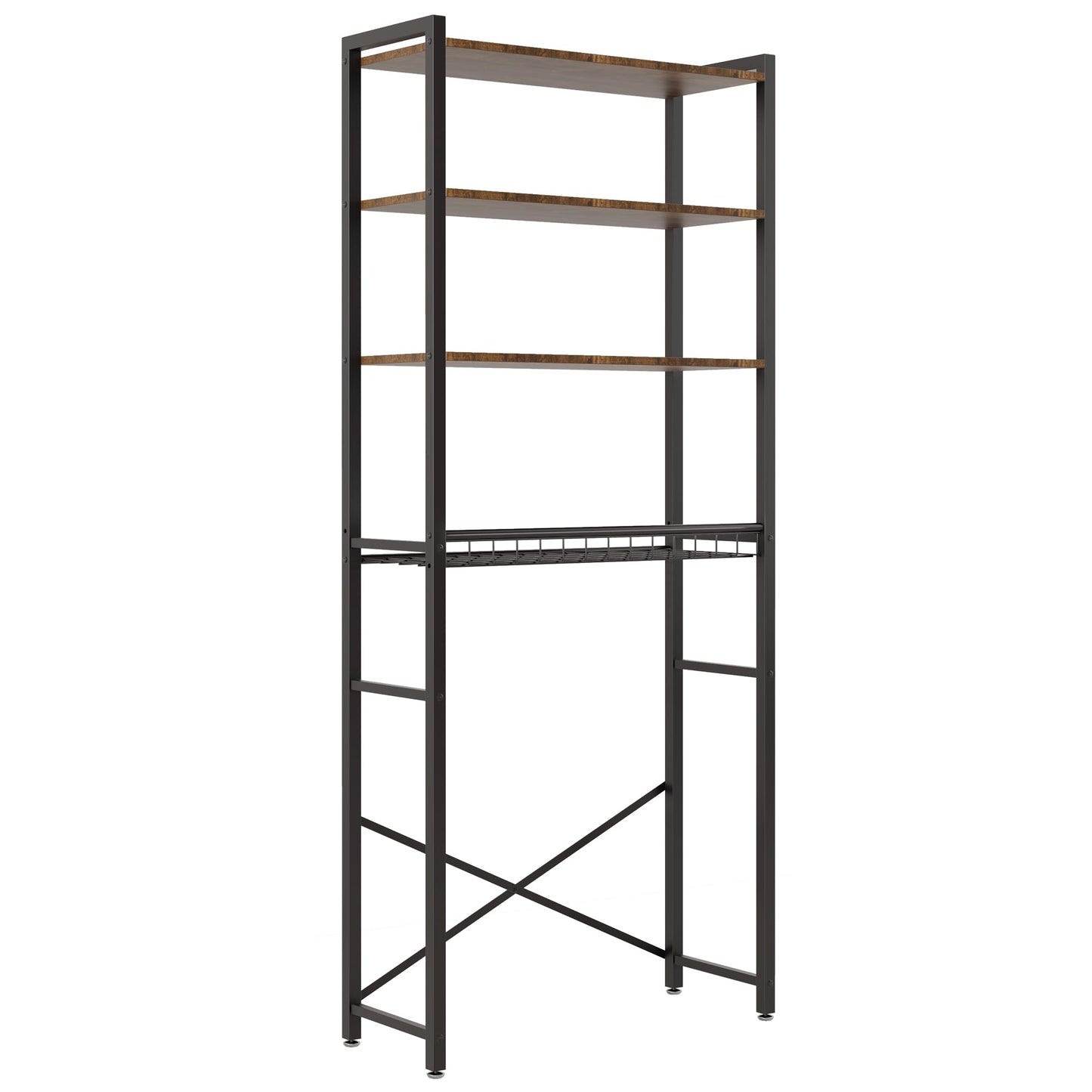 4-Tier Over-the-Toilet Storage Rack with One-Piece Wooden Shelves & Open Net Basket, Bathroom Organizer with Adjustable Feet & Anti-Tip Kit, Space-Saving Toilet Shelf, Brown, 24.4" x 9.4" x 69.3"