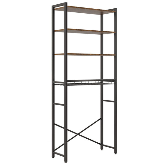 4-Tier Over-the-Toilet Storage Rack with One-Piece Wooden Shelves & Open Net Basket, Bathroom Organizer with Adjustable Feet & Anti-Tip Kit, Space-Saving Toilet Shelf, Brown, 24.4" x 9.4" x 69.3"