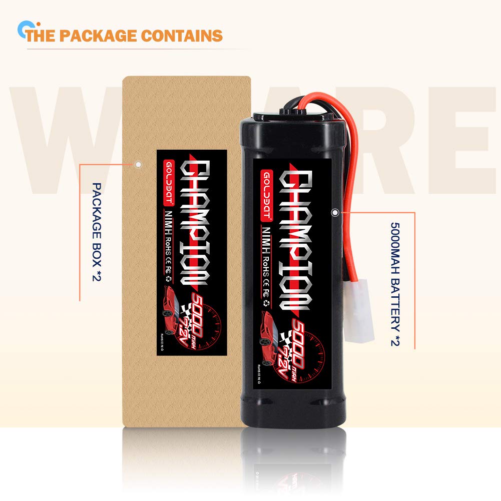 GOLDBAT 5000mAh 7.2V NiMH Battery with Tamiya Connector for RC Car RC Truck LOSI Associated HPI Kyosho Tamiya Hobby (2 Pack)