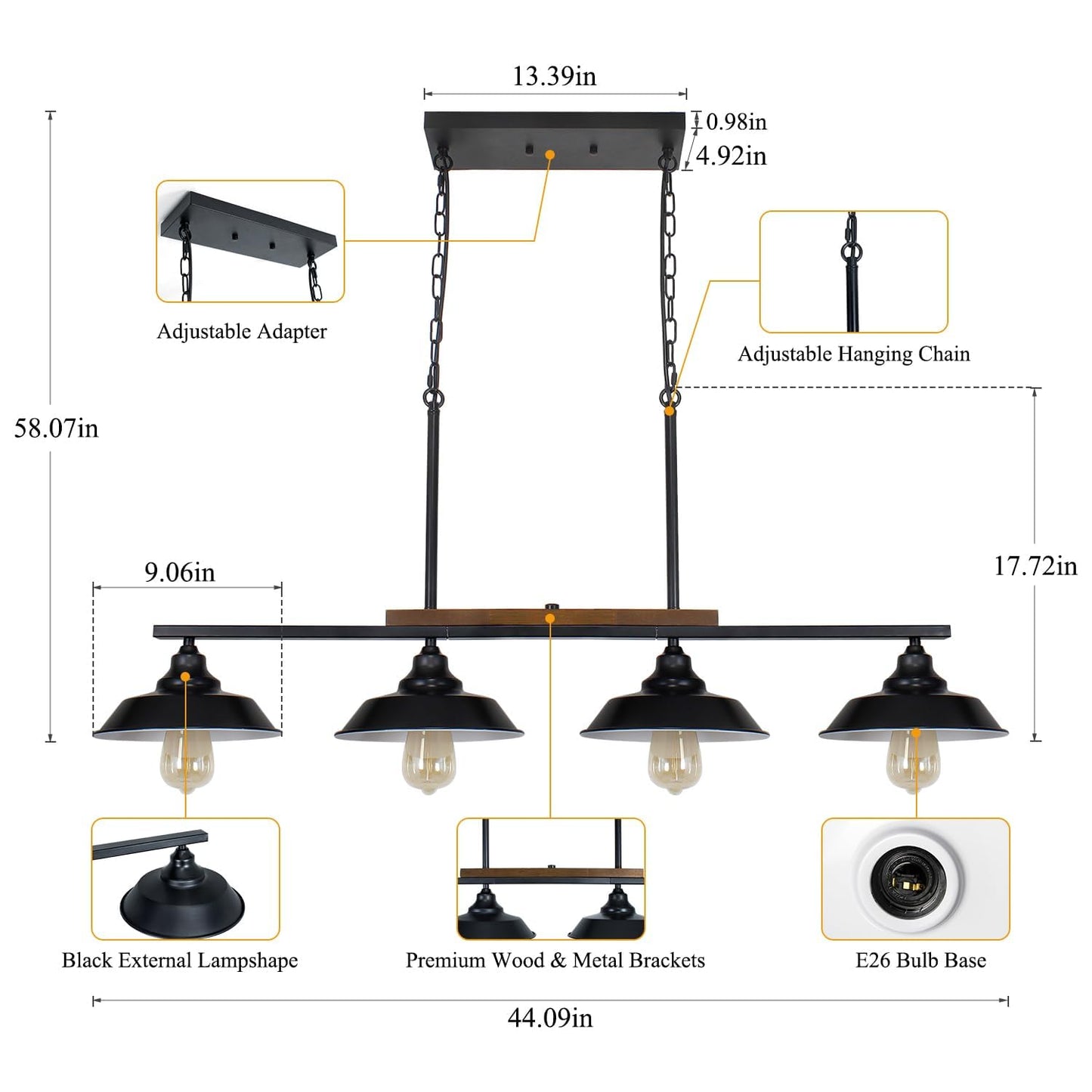 PUZHI HOME Kitchen Island Light, 4 Lights Black Pendant Dining Room Light Fixture Farmhouse Chandeliers for Dining Room Over Table Metal Hanging Lamp for Kitchen Island Hallway Pool Table