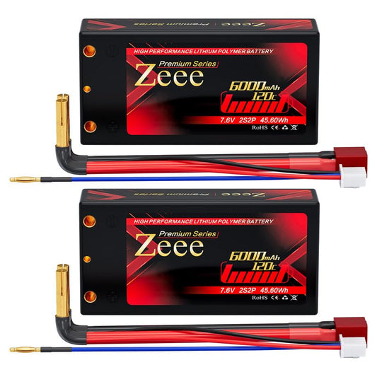 Zeee Premium Series 2S Shorty Lipo Battery 6000mAh 7.6V 120C Hard Case with 4mm Bullet to T Connector High Voltage Battery for RC 1/10 Scale Vehicles Car Trucks Boats RC Models (2 Pack)