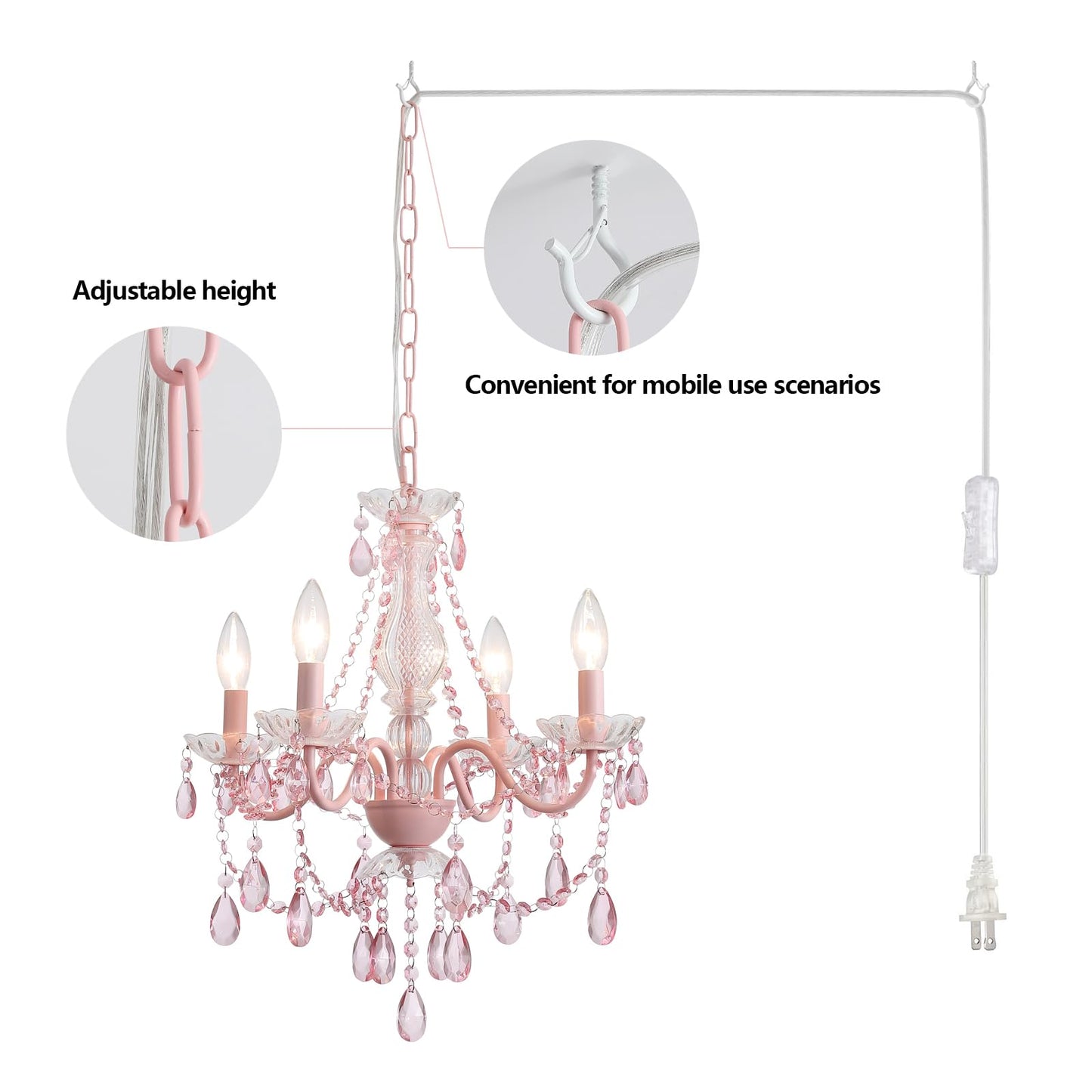 Plug in Crystal Pink Chandelier, Not acrylic Crystal,Mini 4 Lights for Girls Room,Pink Crystals Hanging Pendant Light with Clear Cord and On/Off, Chandelier for wedding, Kitchen, Dining,Foyer,Island