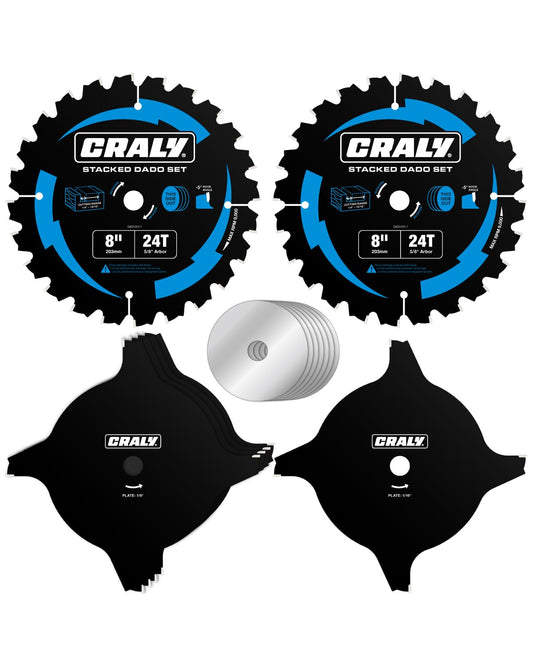 CRALY 8 Inch Carbide Stacked Dado Blade Set, 24 Teeth with 5/8 Inch Arbor, Black Ice Coating, Adjustable Cutting Sizes for Wood Cutting Table Saw(DADO203-7)