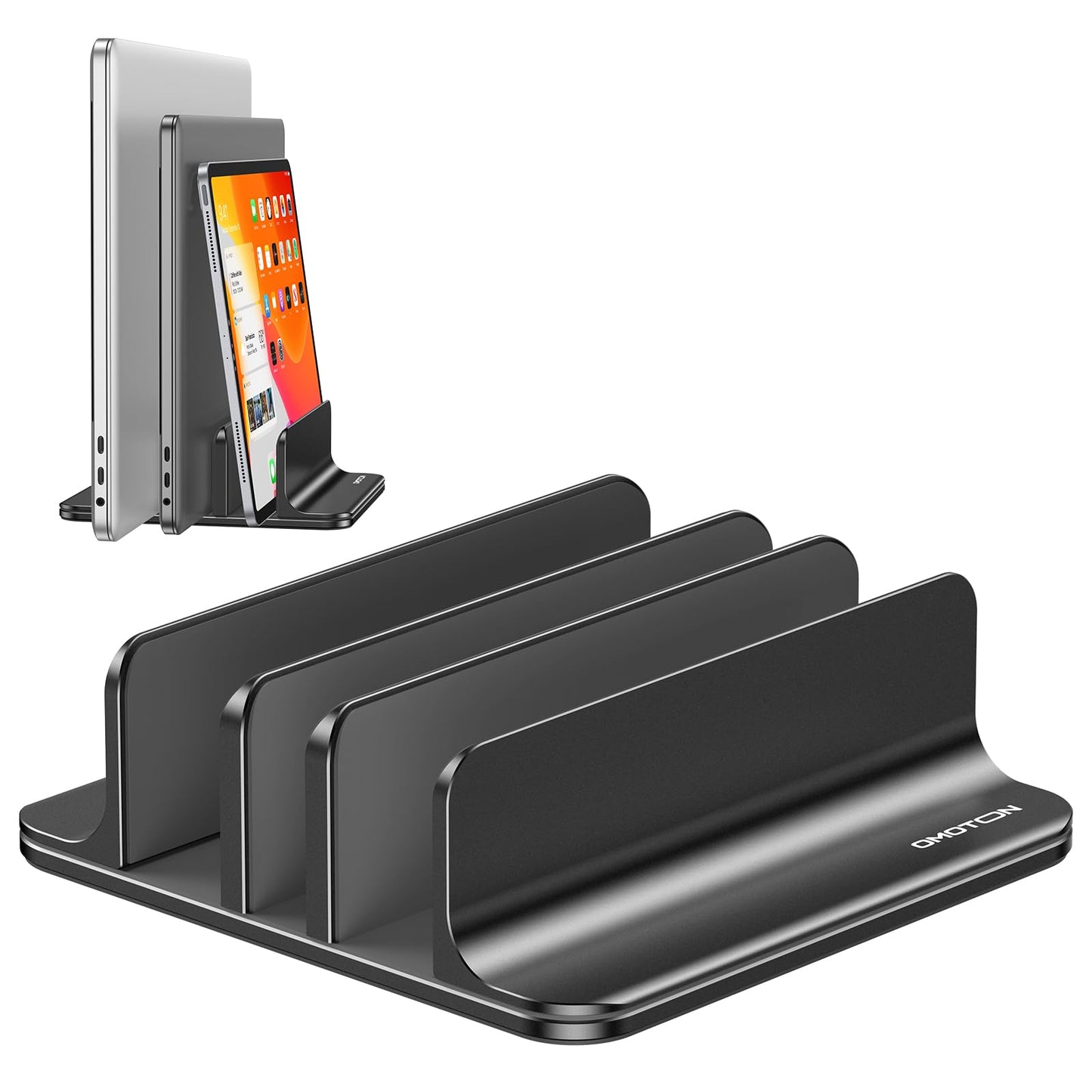 OMOTON Vertical Laptop Stand [Updated 3-Slots Version], Desktop Aluminum Mac Book Stand with Adjustable Dock Size, Fits All Mac Book, Surface, Chrome Book and Gaming Laptops (Up to 17.3 inch), Black