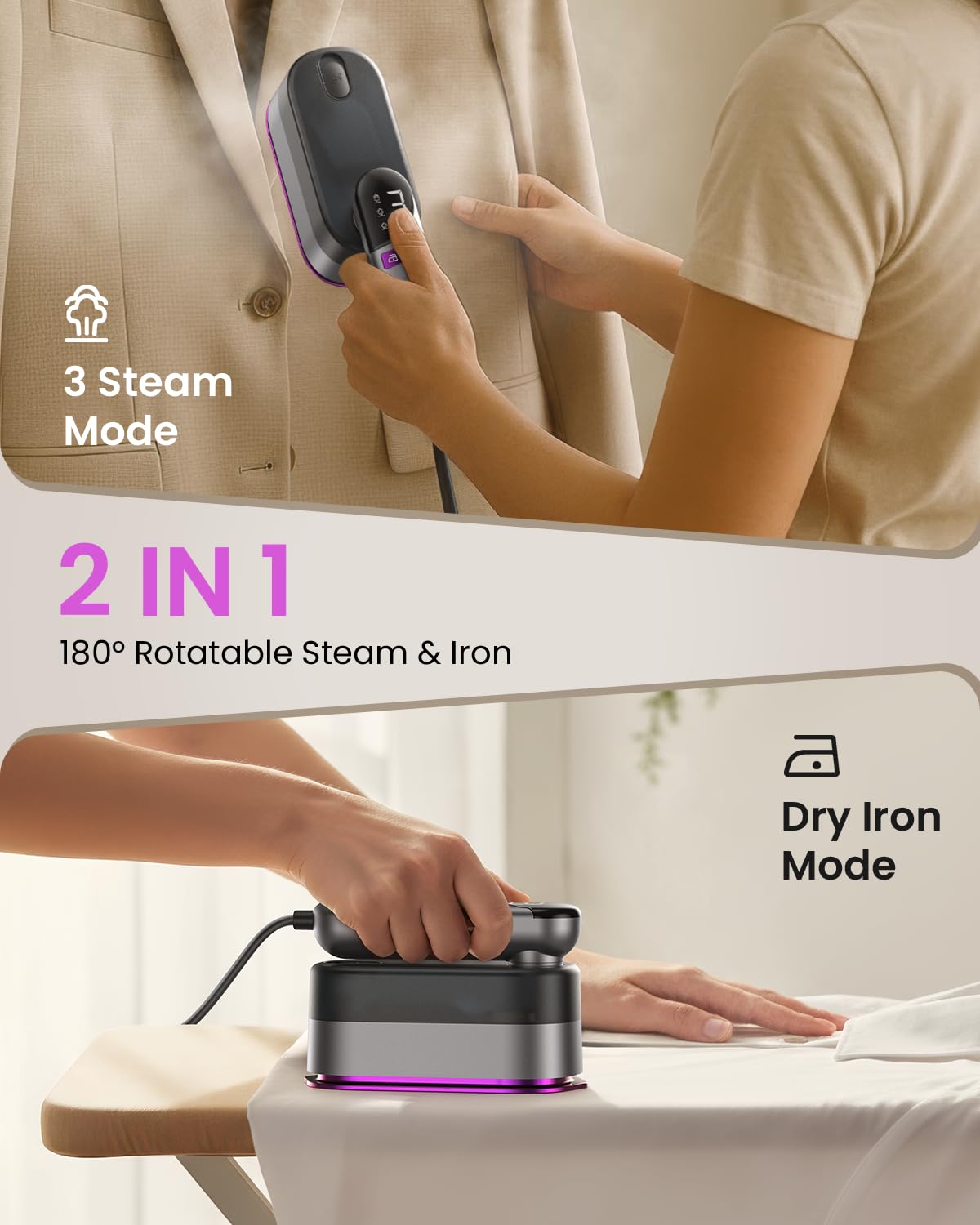 LOXP 2-in-1 Handheld Steamer and Iron for Clothes, 1000W Travel Steamer with Ceramic Soleplate, 9s Fast Heat-Up, Leak-Proof 170mL Tank, Self-Clean, Portable Wrinkle Remover for Home & Travel, 120V