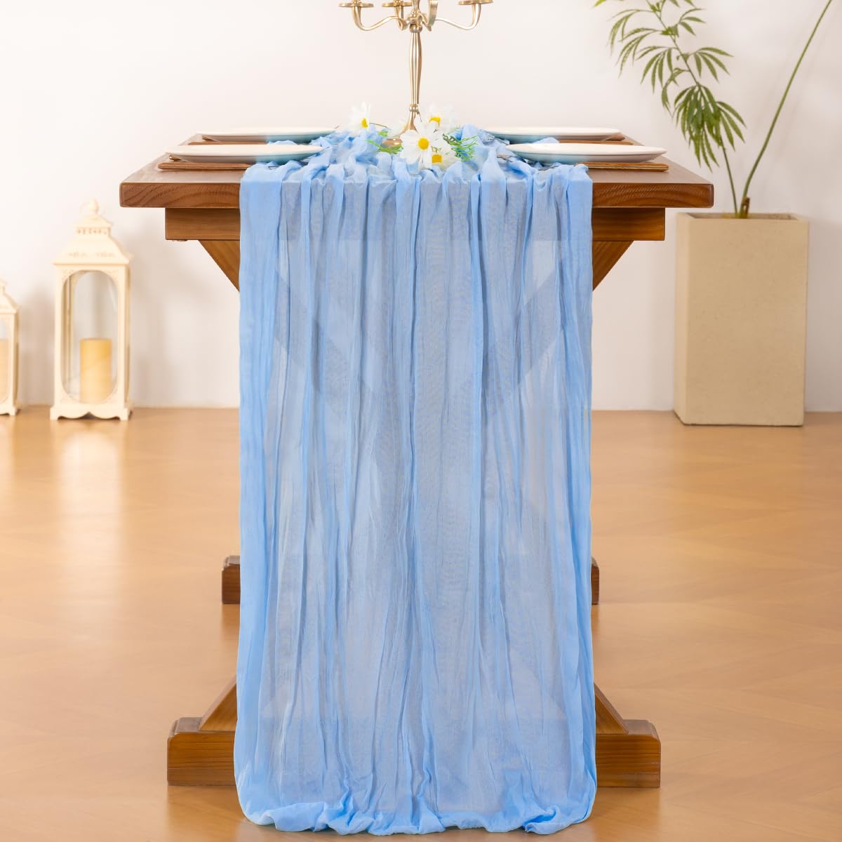 Socomi 10pcs Blue Summer Cheesecloth Table Runner Light Blue Boho Rustic Gauze 120 inch 10FT Cheese Cloth Sheer Runner for Wedding Party Baby Shower Birthday Home Decor Holiday Decorations